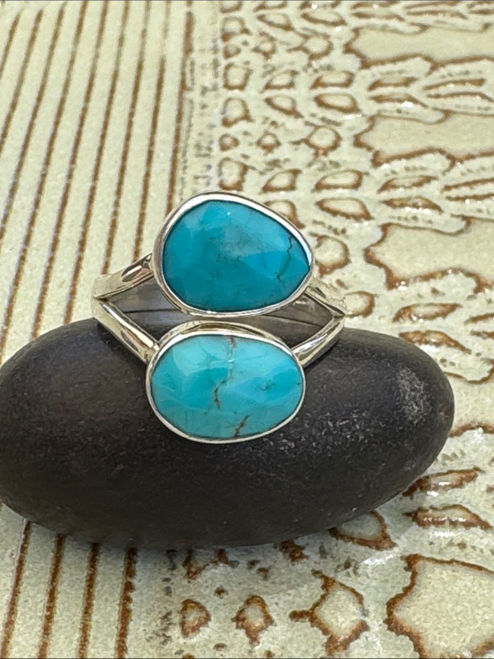 Turquoise Double Stone Sterling Silver 925 Ring - Size 9
